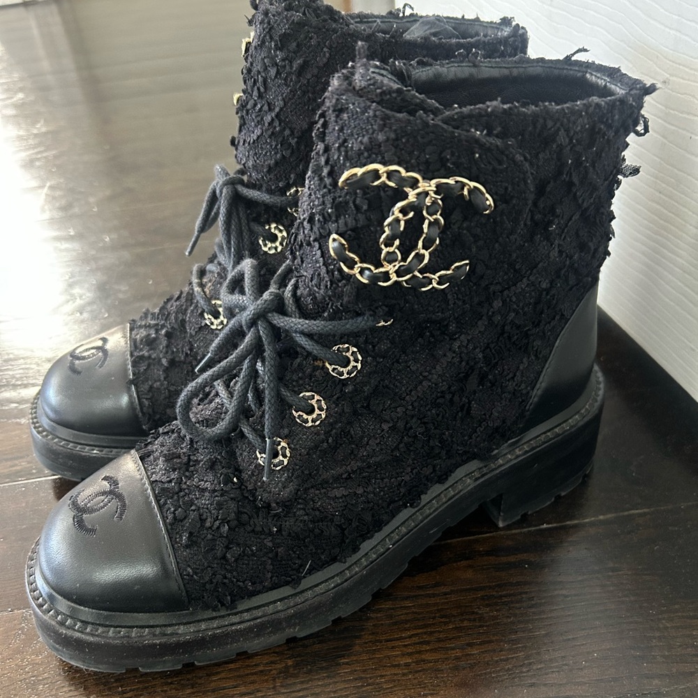 CHANEL Black Textured Tweed Combat Boots